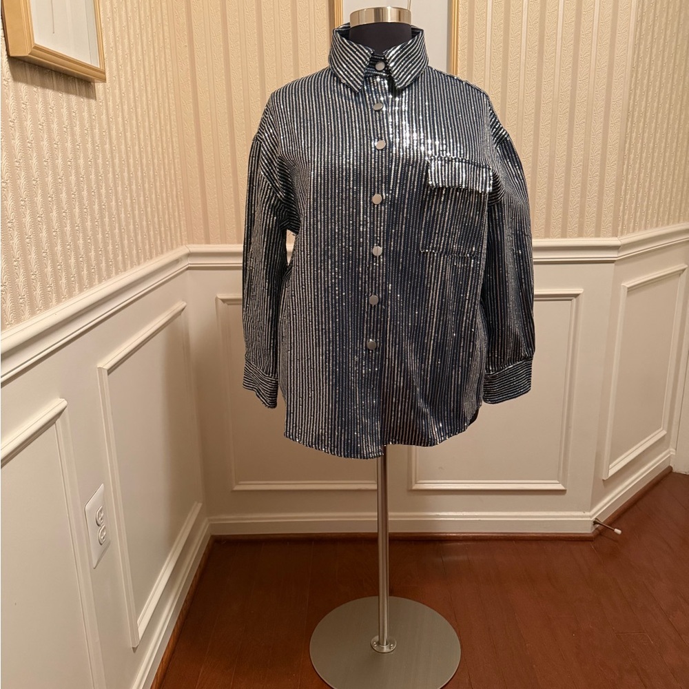 Sequined Striped Denim Button-Up Shirt New w/Tags!!